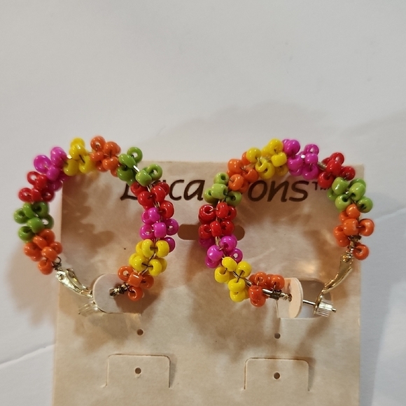 Erica Lyons Colorful Beaded Hoop Earrings Orange Lime Yellow Pierced Bright Drop - Picture 2 of 4